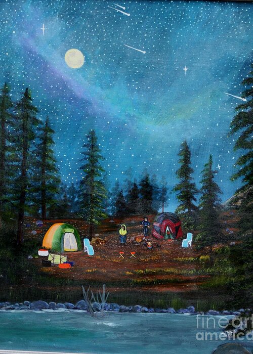 Moon Greeting Card featuring the painting Camping Under the Stars by Myrna Walsh