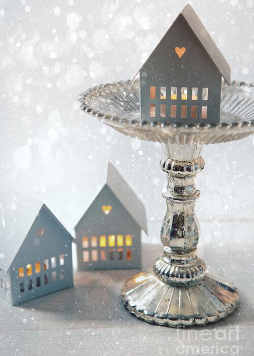 Bright Greeting Card featuring the photograph Candle houses with cake stand for the holidays by Sandra Cunningham