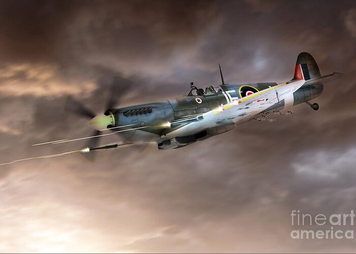 Supermarine Spitfire Greeting Card featuring the digital art Cannons Blazing by Airpower Art