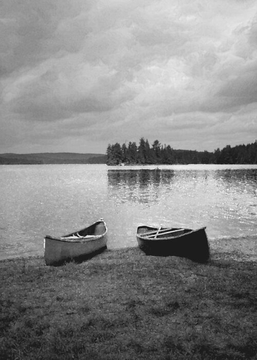 Canisbay Lake Greeting Card featuring the photograph Canoes - Canisbay Lake - B n W by Richard Andrews