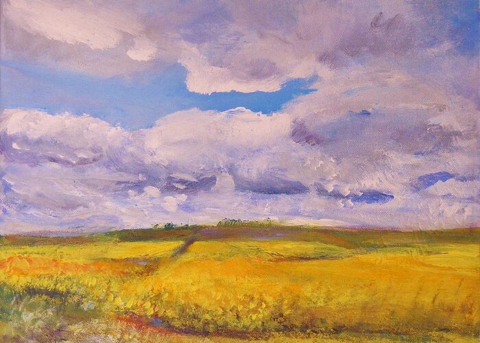 Plein Air Greeting Card featuring the painting Canola and Clouds by Helen Campbell
