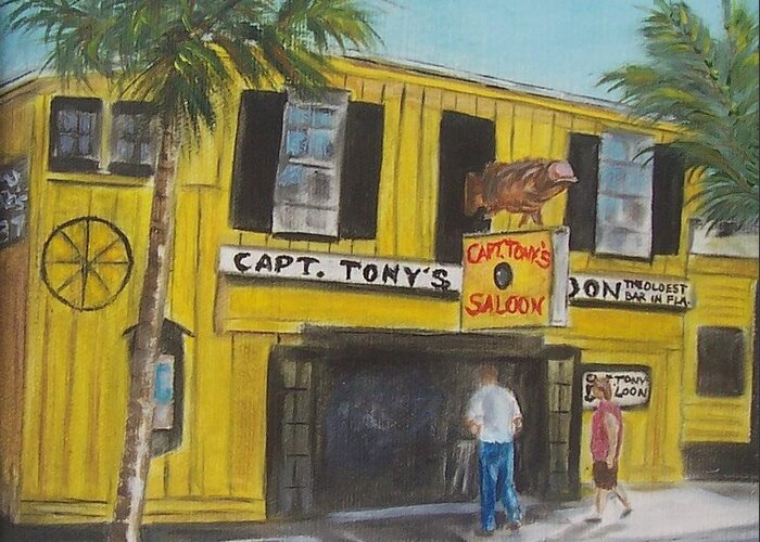 Capt. Tony's Saloon Greeting Card featuring the painting Capt. Tony's Saloon by Linda Cabrera