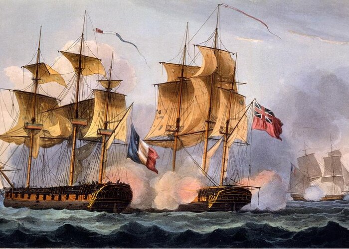 Naval Achievements Of Great Britain Greeting Card featuring the drawing Capture Of Le Desius by Thomas Whitcombe