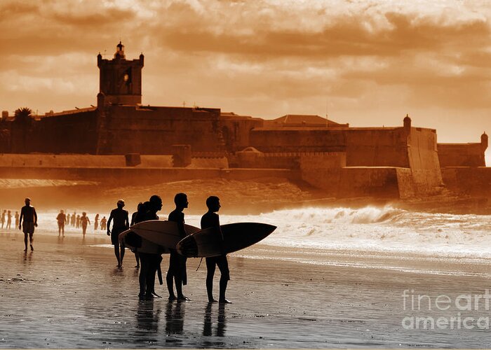 Action Greeting Card featuring the photograph Carcavelos Surfers by Carlos Caetano
