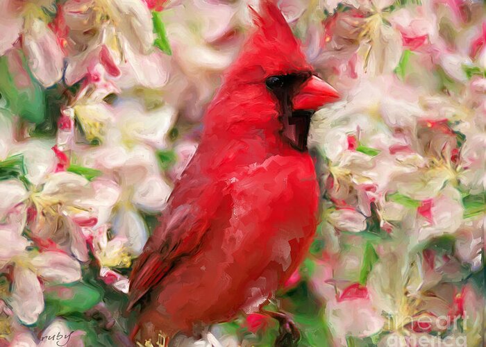 Art;cardinal;bird;red;flowers;digital Painting;digital Art;unique;one Of A Kind Greeting Card featuring the digital art Cardinal Red by Ruby Cross