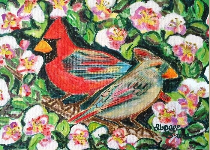 Apple Tree Greeting Card featuring the painting Cardinals in an Apple Tree by Diane Pape