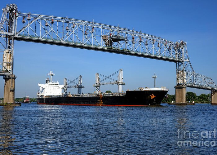 Freight Greeting Card featuring the photograph Cargo Ship under Bridge by Olivier Le Queinec