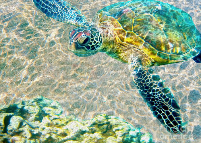 Caribbean Sea Turtle Greeting Card featuring the mixed media Beautiful Sea Turtle by Jon Neidert