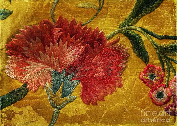 Jacobean Greeting Card featuring the photograph Carnation embroidered on silk brocade by Brenda Kean