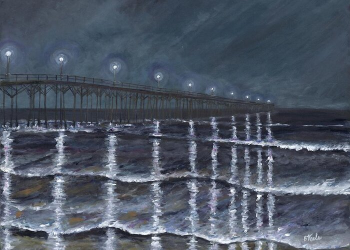 Carolina Beach Pier Greeting Card featuring the painting Carolina Beach Pier by Night by Bev Veals