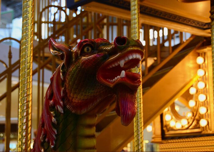 Carousel Animals Greeting Card featuring the photograph Vintage Carousel Red Dragon - 2 by Renee Anderson