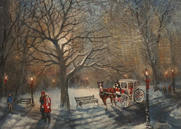 New York City Greeting Card featuring the painting Carriage Ride in Central Park by Tom Shropshire