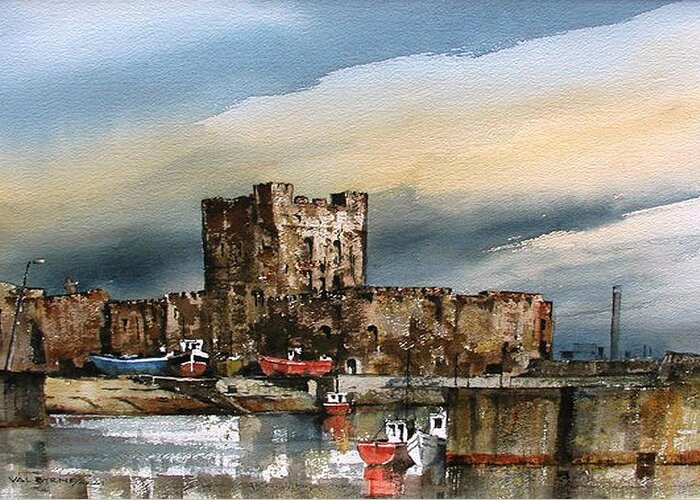 Val Byrne Greeting Card featuring the painting Carrickfergus Castle County Antrim by Val Byrne