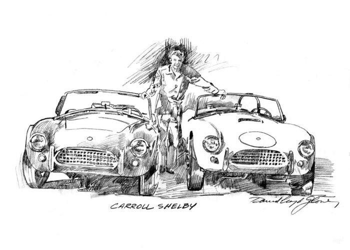 Carroll Shelby Greeting Card featuring the drawing Carroll Shelby and the Cobras by David Lloyd Glover