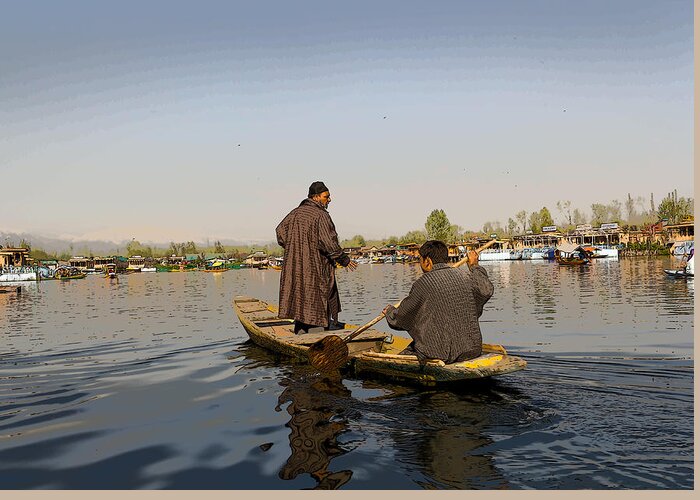 Beautiful Scene Greeting Card featuring the digital art Cartoon - Kashmiri men plying a wooden boat in the Dal Lake in Srinagar by Ashish Agarwal