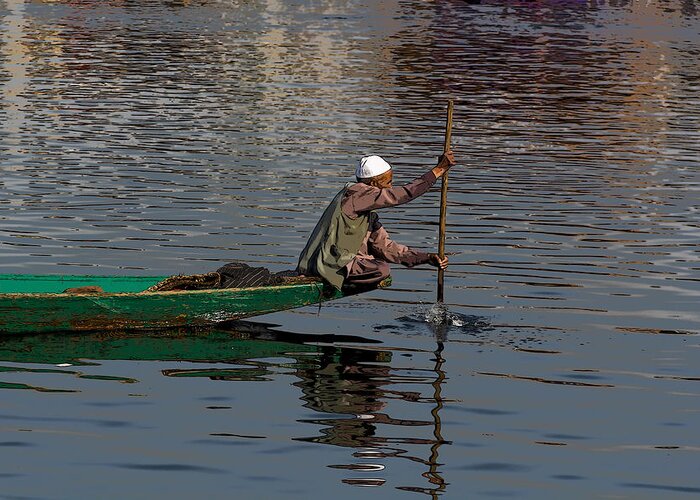 Beautiful Scene Greeting Card featuring the digital art Cartoon - Man plying a wooden boat on the Dal Lake by Ashish Agarwal