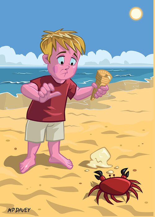 Beach Greeting Card featuring the digital art Cartoon Boy With Crab On Beach by Martin Davey