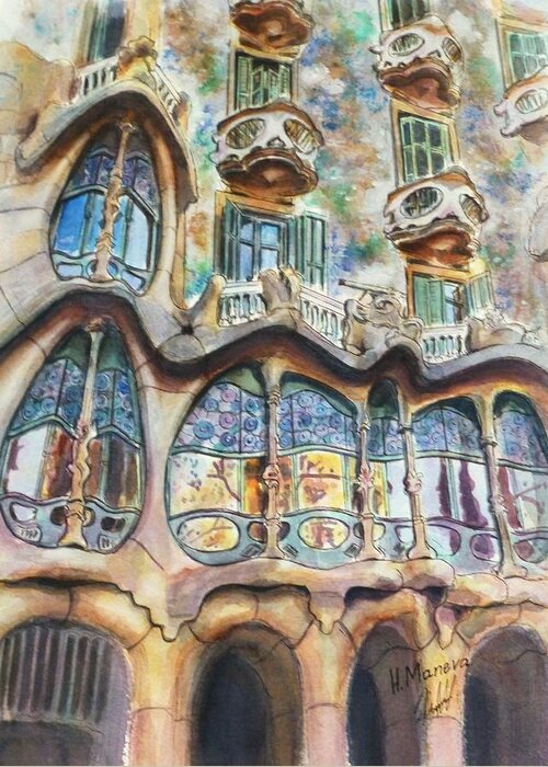 Architecture Greeting Card featuring the painting Casa Batllo by Henrieta Maneva