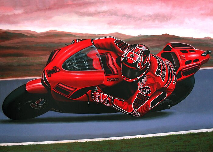 Casey Stoner On Ducati Greeting Card featuring the painting Casey Stoner on Ducati by Paul Meijering