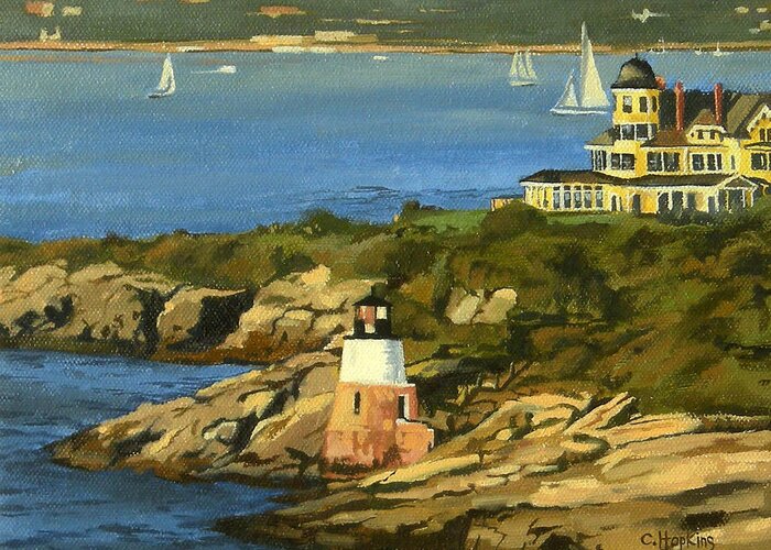 Christine Hopkins Greeting Card featuring the painting Castle Hill Light and Inn Newport Rhode Island by Christine Hopkins