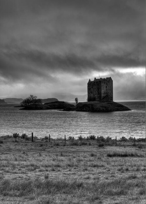 Appin Greeting Card featuring the photograph Castle Stalker BW by Gary Eason