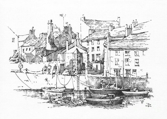 Landscape Greeting Card featuring the drawing Castletown Harbour by Paul Davenport
