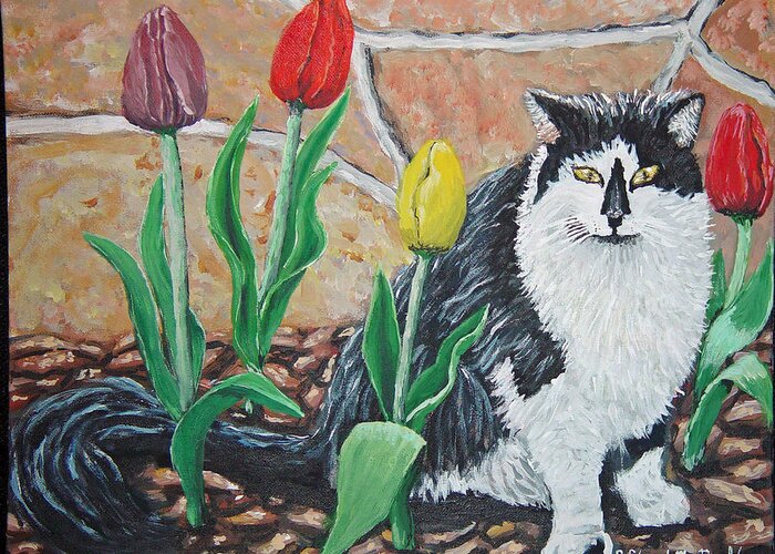 Cat Flowers Greeting Card featuring the painting Cat by the tulips by Carey MacDonald