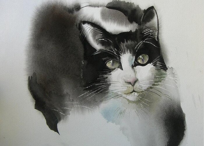 Cat Greeting Card featuring the painting Cat In Black And White by Alfred Ng