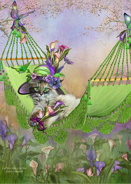 Cat Greeting Card featuring the mixed media Cat In Calla Lily Hat by Carol Cavalaris