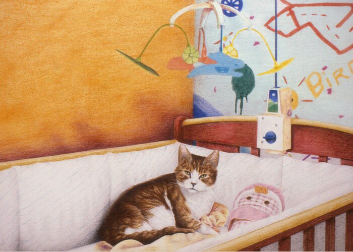 Phil Welsher Greeting Card featuring the painting Cat in the Crib by Phil Welsher