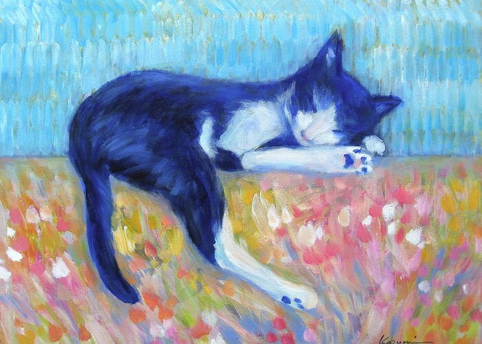 Cat With Flowers Greeting Card featuring the painting Cat with Flowers by Kazumi Whitemoon
