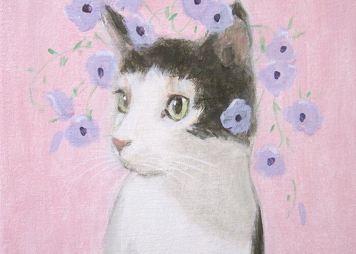 Tuxedo Cat Greeting Card featuring the painting Cat with Purple Flowers by Kazumi Whitemoon
