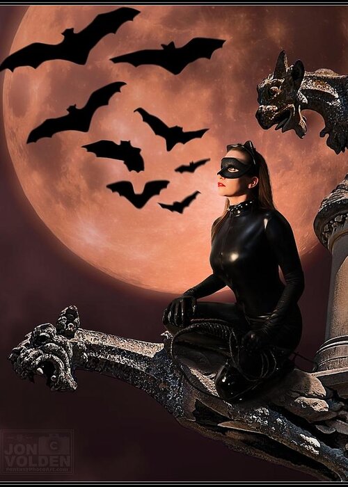 Cat Woman Greeting Card featuring the painting Cat vs Bat by Jon Volden