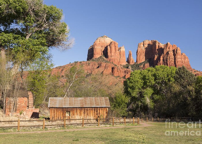 Red Rock Greeting Card featuring the photograph Cathedral Rock with farm in Sedona by Ken Brown