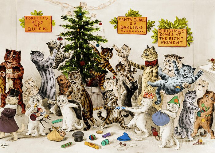 Cats Decorating Christmas Tree 1906 Greeting Card by Photo Researchers