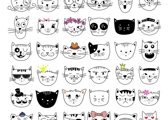 Pets Greeting Card featuring the digital art Cats, Set Of Cute Doodle by Alona Savchuk