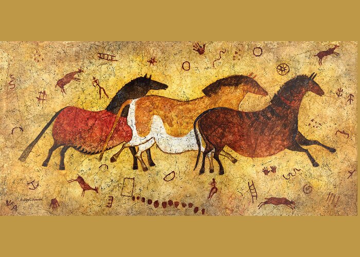 Cave Greeting Card featuring the painting Cave Horses by Hailey E Herrera