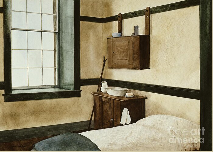 The Interior Of One Of The Bedrooms In The Center Family Dwelling At The Pleasant Hill Shaker Village In Kentucky. Greeting Card featuring the painting Celibate by Monte Toon