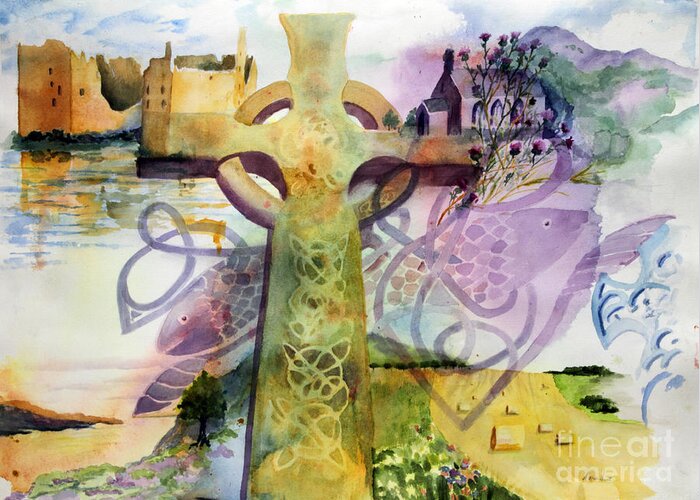 Celtic Cross Greeting Card featuring the painting Inspired By Ancient Designs by Maria Hunt