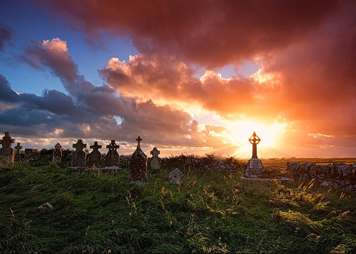 Doolin Greeting Card featuring the photograph Celtic Cross Sunset by Allan Van Gasbeck