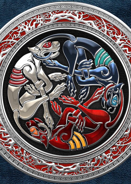 ‘celtic Treasures’ Collection By Serge Averbukh Greeting Card featuring the digital art Celtic Treasures - Three Dogs on Silver and Blue Leather by Serge Averbukh