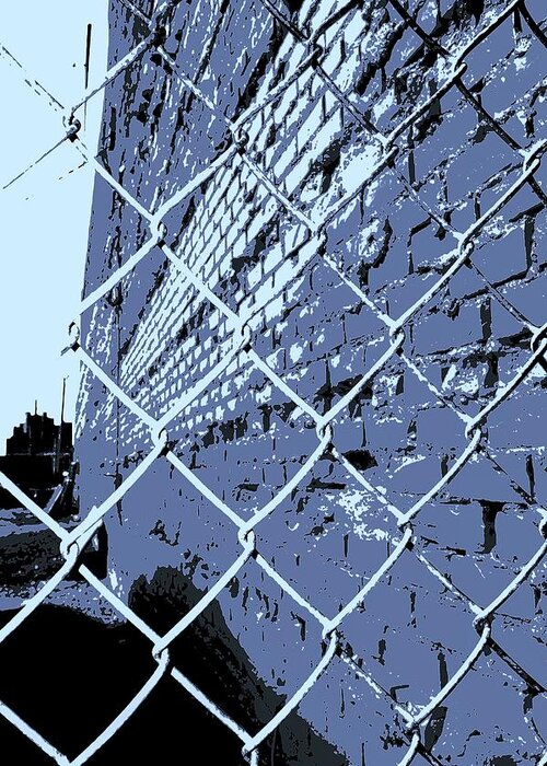 Detroit Greeting Card featuring the photograph Chainlink and A Wall in blue by Daniel Thompson