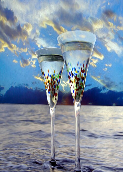 Champagne Greeting Card featuring the mixed media Champagne at Sunset by Jon Neidert