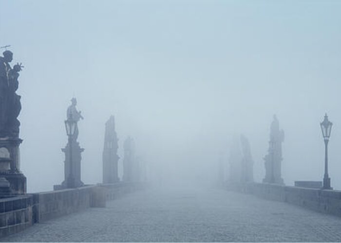 Photography Greeting Card featuring the photograph Charles Bridge In Fog Prague Czech by Panoramic Images