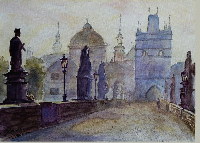 Dawn Greeting Card featuring the painting Charles Bridge Prague by Xueling Zou