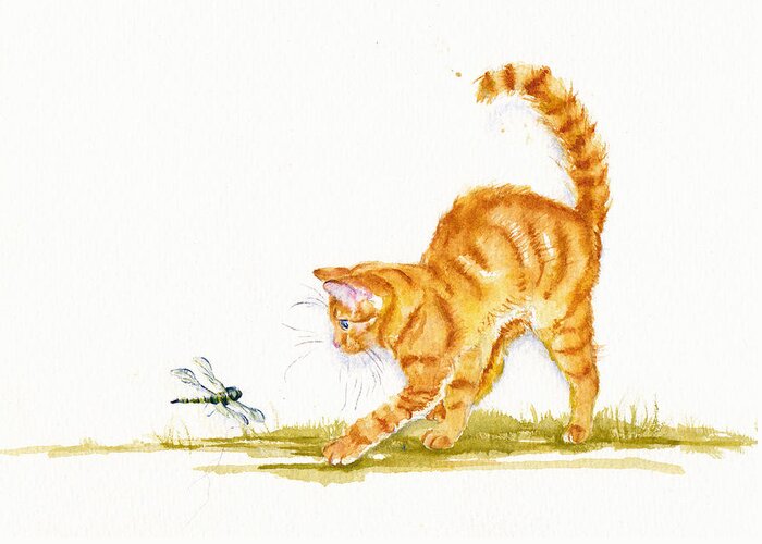 Cat Greeting Card featuring the painting Chasing the Dragon - Ginger Cat by Debra Hall