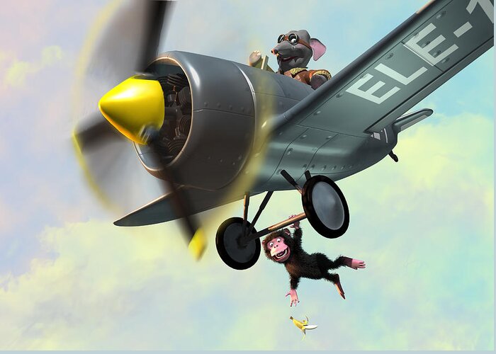 Plane Greeting Card featuring the painting Cheeky Monkey Hanging From Plane by Martin Davey