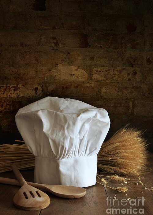 Advertise Greeting Card featuring the photograph Chef hat and spoons with brick background by Sandra Cunningham