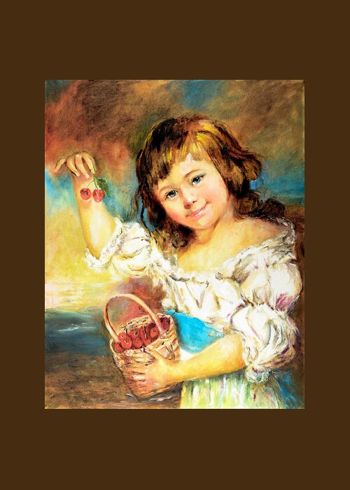 Girl Greeting Card featuring the painting Cherry Basket girl by Sher Nasser