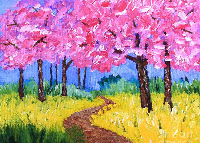 Sakura Greeting Card featuring the painting Cherry Trees and Field Mustard After the Rain Acrylic Painting by Beverly Claire Kaiya